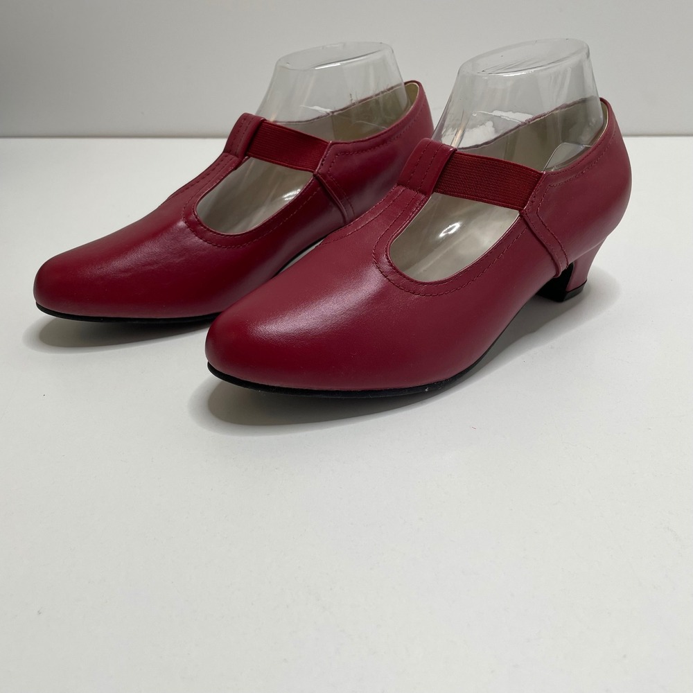 Angel Step Red T-Strap Mary Jane Low Block Heel Pump Round Toe 8.5M Retro Granny - Picture 5 of 10